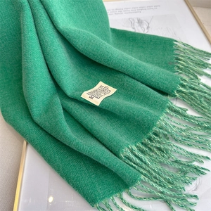 Detailed close-up of a green tassel scarf with a beige woven label on a premium fabric