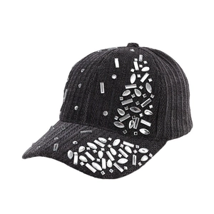 Stylish black knit baseball cap with sparkling rhinestones for warm winter fashion