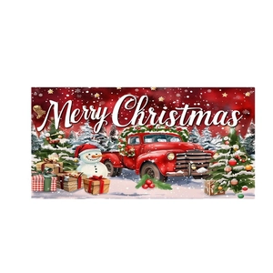Vintage Christmas backdrop featuring red truck, snowman, and tree on red snowy background