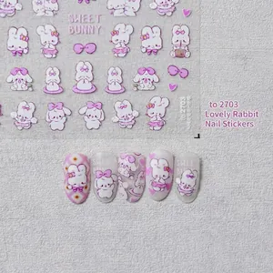 Stickers nail art 3D Sweet Bunny avec motifs de lapins roses et fleurs mignonnes