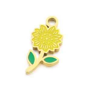 Golden sunflower pendant with yellow enamel flower and green leaves for DIY jewelry making