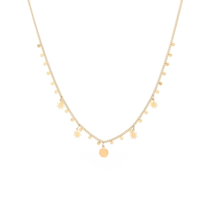 Detail of gold titanium multi-layer necklace with sun charms and round disc pendants