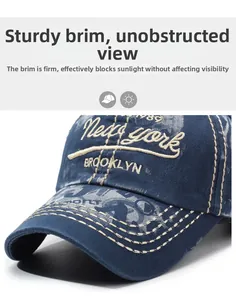 Detailed close-up of navy cotton twill baseball cap with vintage New York 3D embroidery