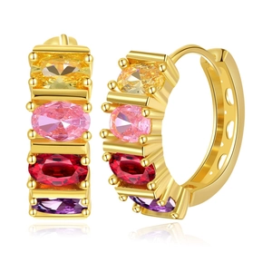 18K gold plated brass hoop earrings with multi-colored oval cut zircons on white background