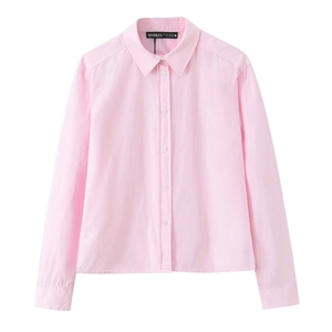 Women Long Sleeve Button Down Shirt Polyester Cotton Blend Poplin Lapel Collar Solid Color Pink Elegant Blouse