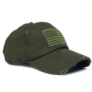 Army green distressed American flag baseball cap with vintage embroidery on cotton fabric