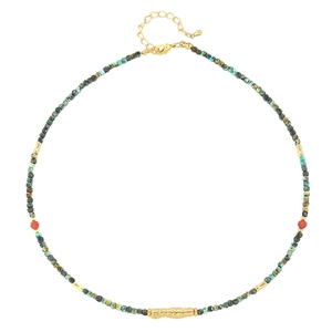 French vintage tiger eye beaded necklace with turquoise and gold stainless steel charms
