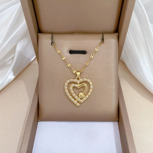 Gold Heart Pendant Necklace Stainless Steel Chain With Copper Zirconia Nested Heart Elegant Women Jewelry Accessory