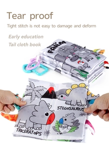 Detailansicht der reißfesten Stoffseiten und 3D-Tier-Schwänze für sensorisches Babyspiel