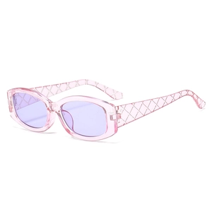Fashionable rectangle sunglasses with pink transparent frame and purple lenses