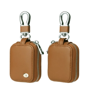 Brown leather protective case for AirPods with metal carabiner and zipper closure