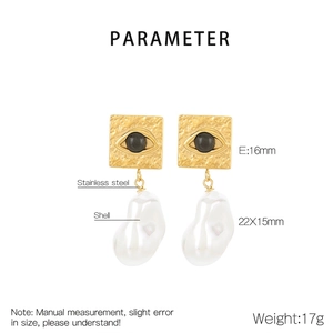 Detail of evil eye square plate earrings with pearl charms and exact dimensions