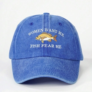 Detailed view of yellow fish embroidery and Fish Fear Me slogan on washed blue denim cap