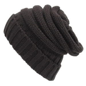 Detailed close-up of dark brown chunky knit beanie with wide ribbed cuff texture