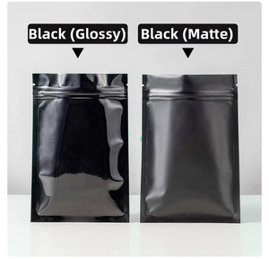 Comparison of glossy and matte black resealable foil pouches showing finish details