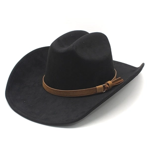 Classic black suede western cowboy hat with a brown leather band and fringe detail