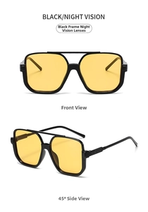 Front and 45-degree side views of black double-bridge square night vision glasses
