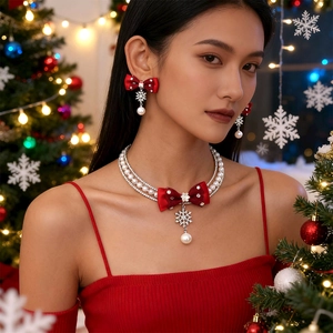 Detail of velvet red bow necklace with pearl layers and diamond snowflake charms