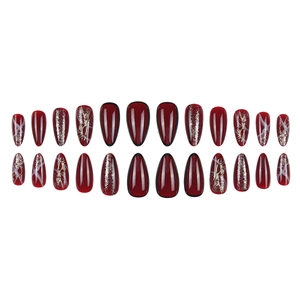 Deep wine red 3D press-on nails with golden marble design and almond shape