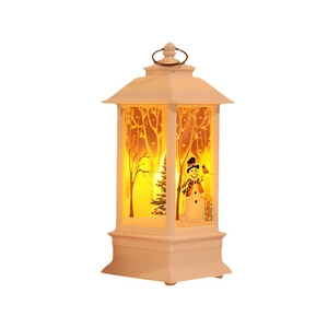 Christmas lantern with snowman and forest scene emitting warm LED light in white frame