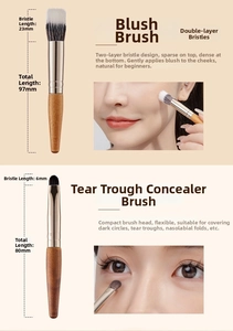 Detail of mini stippling brush and concealer brush with size measurements and wood handle