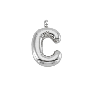 Macro shot of silver bubble letter C pendant in a 3D inflatable style with high polish