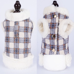 Winter plaid dog vest with warm fleece lining and faux fur trim for small pets