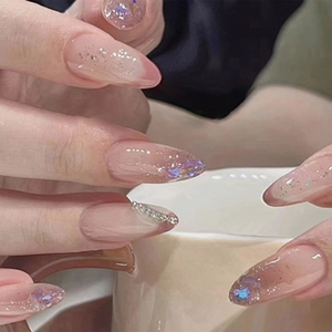 French Press On Nails Gradient Pink Brown Almond Shape Glitter Rhinestones Sweet Cool Style For Women