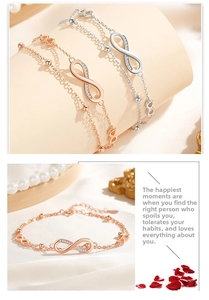 Detail of infinity symbol bracelets in rose gold and silver with sparkling micro-diamonds