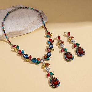 Luxury multi-color gemstone necklace and earrings set with leaf drop pendant