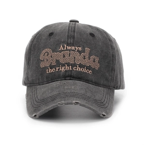Distressed dark grey washed cotton baseball cap with vintage embroidery on front