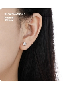 Close-up of a minimalist S925 sterling silver stud earring featuring a sparkling round diamond