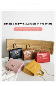Collection of five colorful crocodile pattern handbags with gold chain straps and twist locks