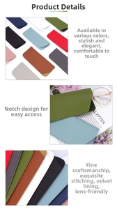 Detail of PU leather glasses case showing soft suede lining and fine stitching