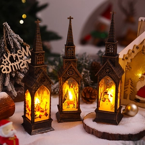 Three-piece retro Christmas church lanterns with warm LED lights and holiday scenes
