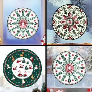 Christmas Window Stickers Static Cling PVC Snowflake Santa Reindeer Snowman Mandala Round Glass Decals For Holiday Decor