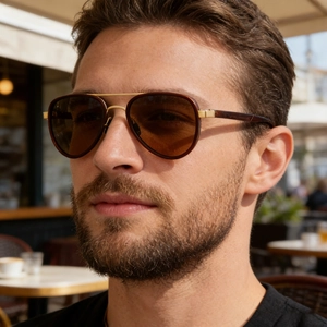 Close-up of polarized aviator sunglasses with gold metal frame and brown lenses