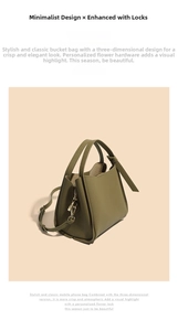 Detail of olive green lychee grain leather bucket bag with gold flower buckle closure
