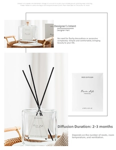 Detail of 120ml square glass reed diffuser set with black sticks and minimalist gift box