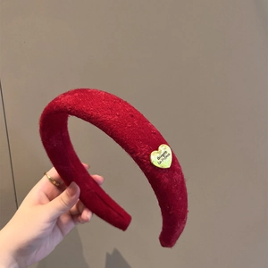 Retro red fabric padded sponge headband with golden engraved heart buckle for women
