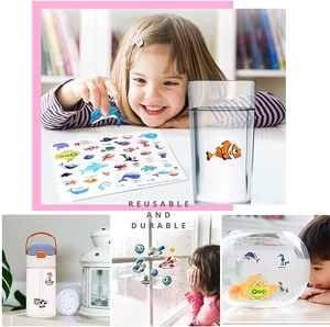 Reusable ocean and space stickers shown on glass and water bottles for kids
