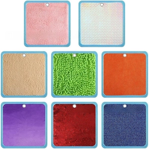 Detailed view of 8 sensory material pads with different textures and colors for kids