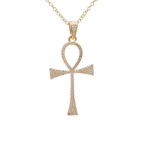 Iced out gold plated Ankh cross pendant necklace with micro paved cubic zirconia stones