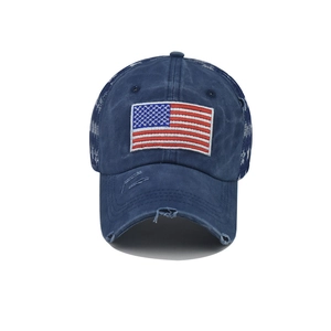 Distressed navy cotton baseball cap with US flag embroidery and vintage star details