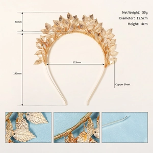 Détail d'un serre-tête de mariée en feuilles de cuivre doré de 12,5 cm de diamètre