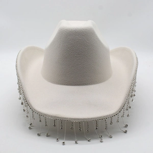 Off-white western cowboy hat featuring glittering rhinestone fringe for party events