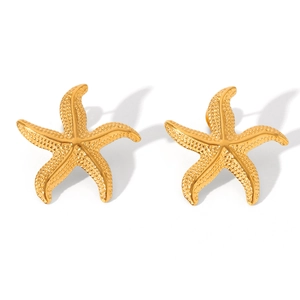 Detailed view of 18k gold plated starfish earrings with textured surface on white backdrop