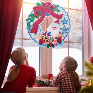 5D DIY Diamond Painting Christmas Wreath with Santa Claus and winter scene window decor