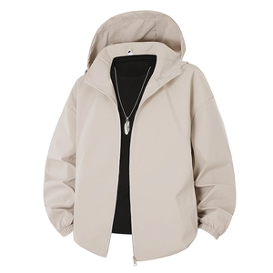 Men's minimalist beige windbreaker hooded jacket with high-quality zipper and elastic cuffs