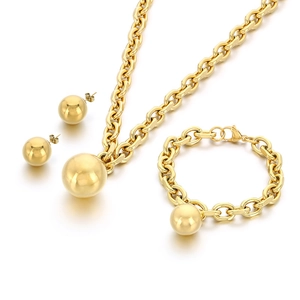 Polished gold stainless steel jewelry set featuring a bold ball pendant and chunky chain